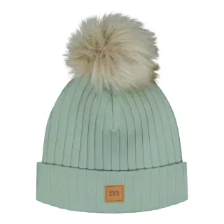 Metsola Wide Rib Beanie with Fur Pompom, Dusty Green