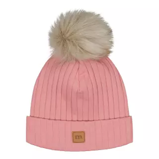 Metsola Wide Rib Beanie with Fur Pompom, Dusty Rose